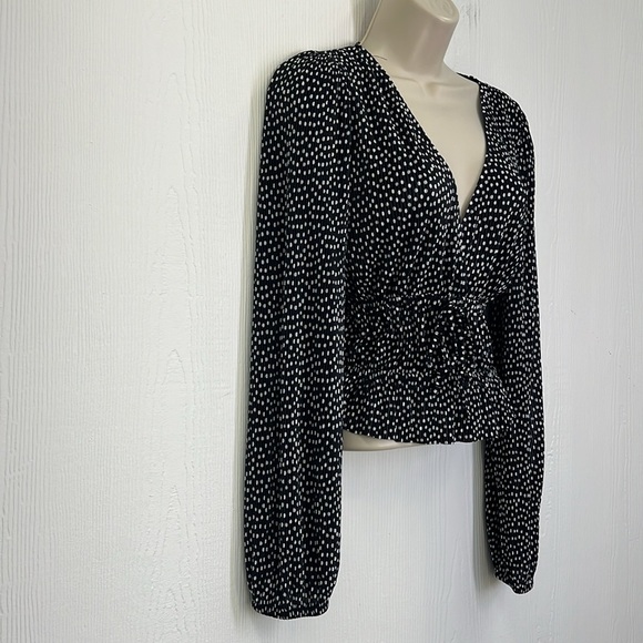 Zara - Polka Dot Black & White Plunge Tie Silky Long Sleeve Blouse Size Small - Picture 5 of 10